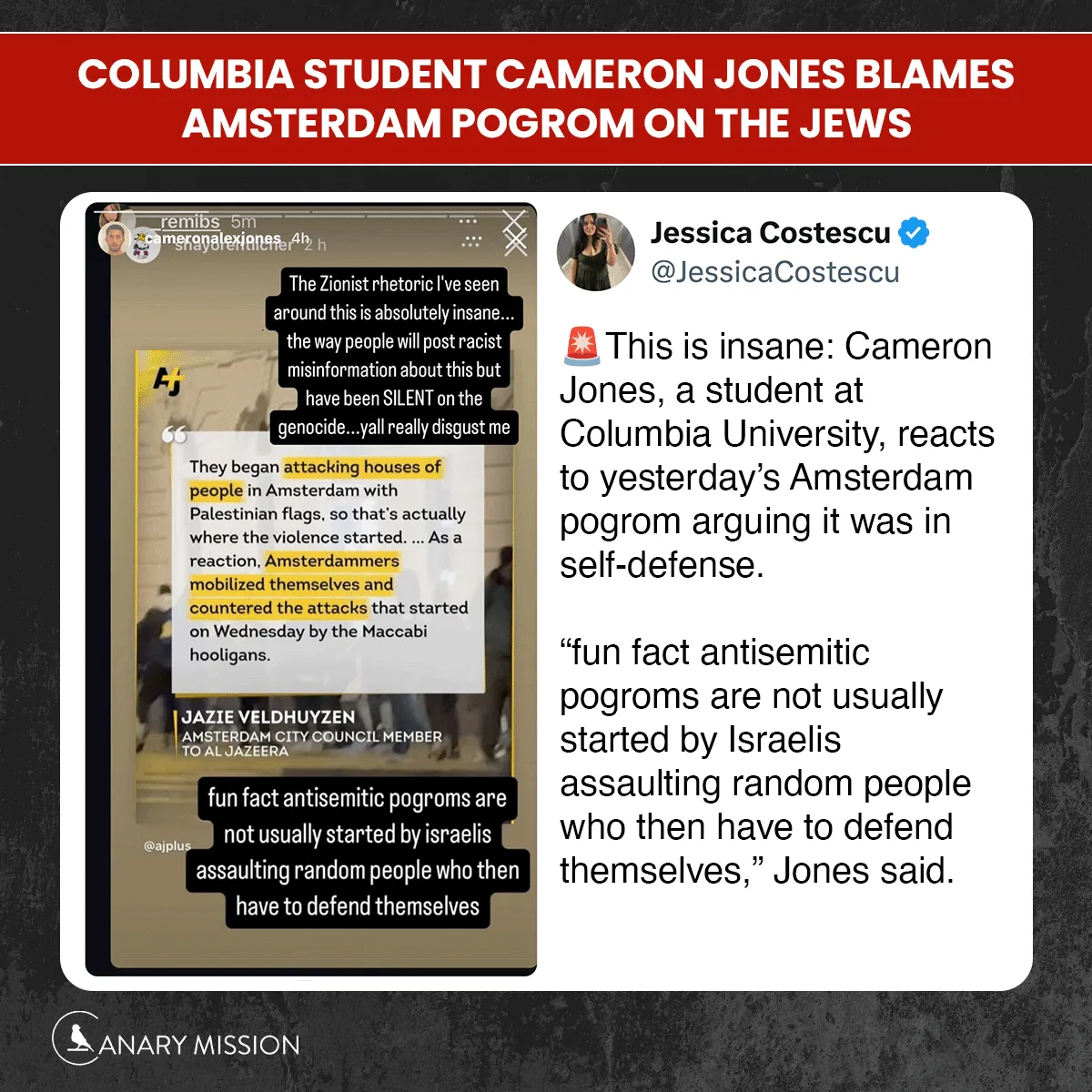 Jones reposts a claim that antisemitic attacks in Amsterdam were “self-defense,” blaming Jews for the violence.